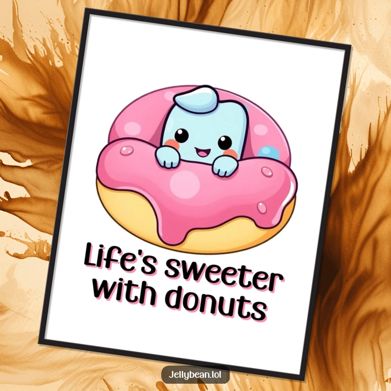 Funny Free Printable Wall Art: Jelly bean peeking over a giant donut, grinning mischievously, adding quirky charm.