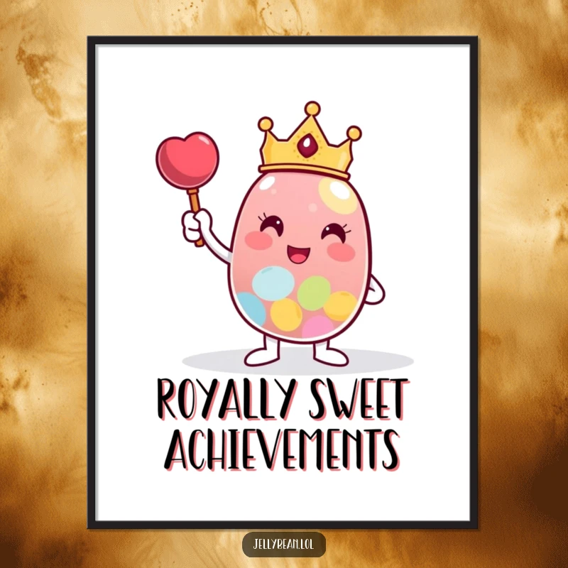 Funny Free Printable Wall Art of a jelly bean character wearing a crown, triumphantly posing beside an enormous candy.