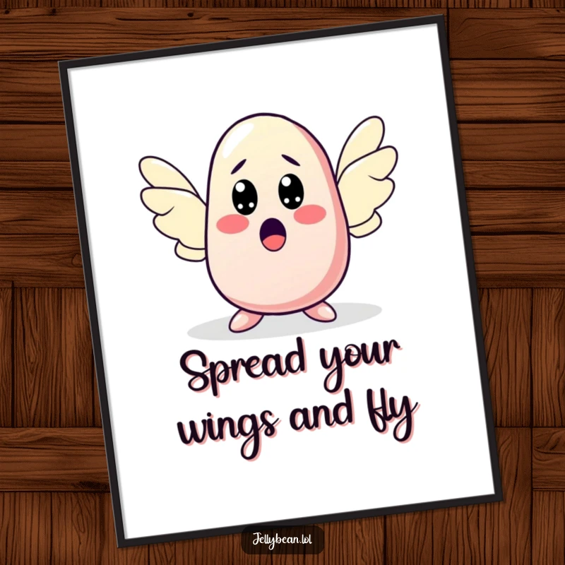 Funny Free Printable Wall Art: A surprised jelly bean character sprouting delicate wings, ready for a magical flight.