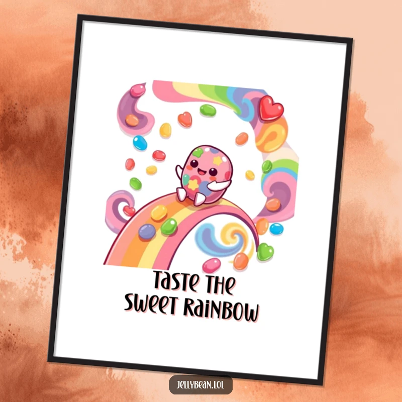 Funny Free Printable Wall Art of a gleeful jelly bean character giggling while sliding down a spectacular rainbow of swirling flavors.
