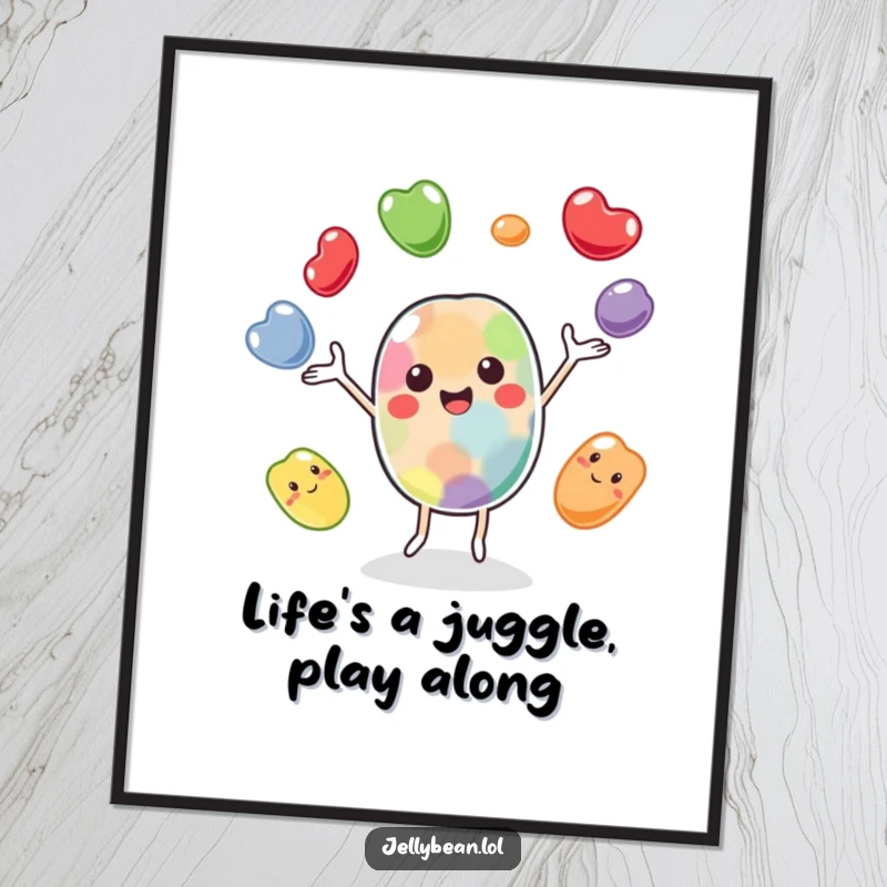 Funny Free Printable Wall Art featuring a cheerful jelly bean character juggling multiple beans, bringing a sense of playful energy.