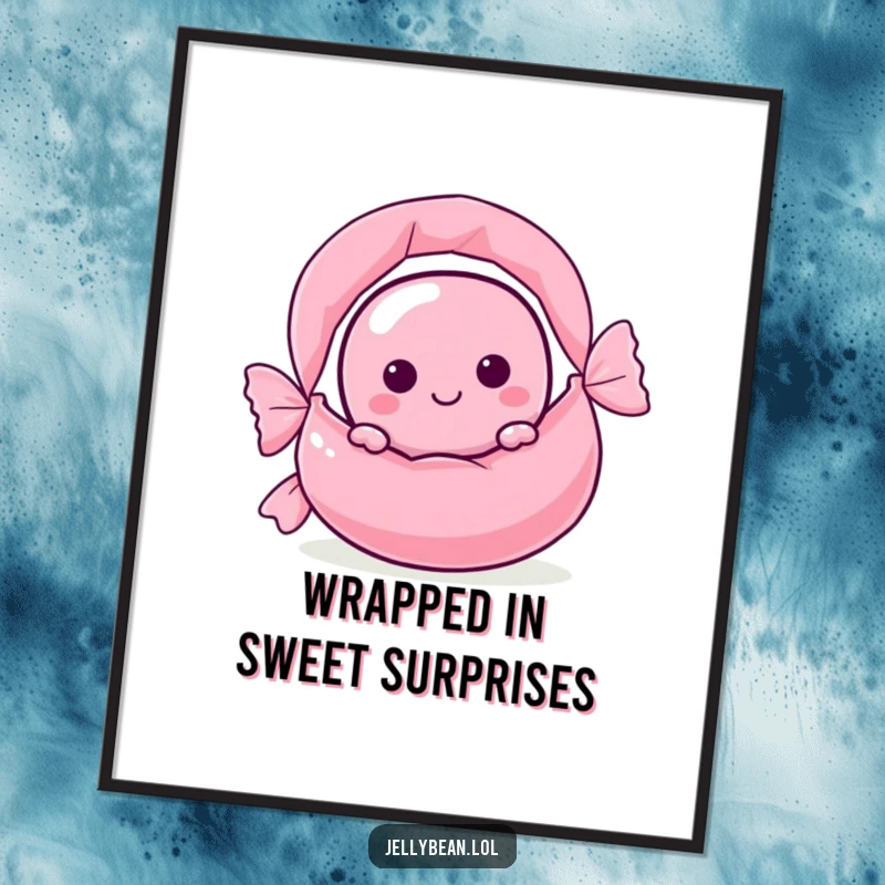 Funny Free Printable Wall Art featuring a curious jelly bean character peeking from behind a massive, colorful candy wrapper.