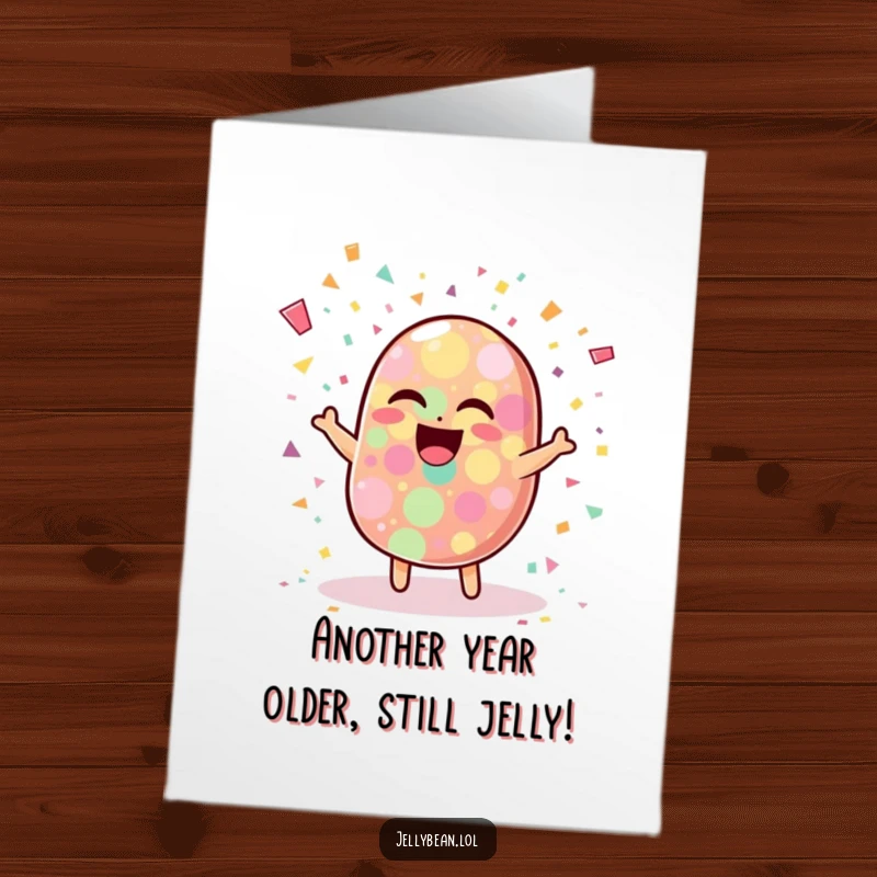 Funny Free Printable Birthday Card: A wobbly jelly bean character exploding with colorful confetti and infectious laughter, perfect for a joyous celebration.