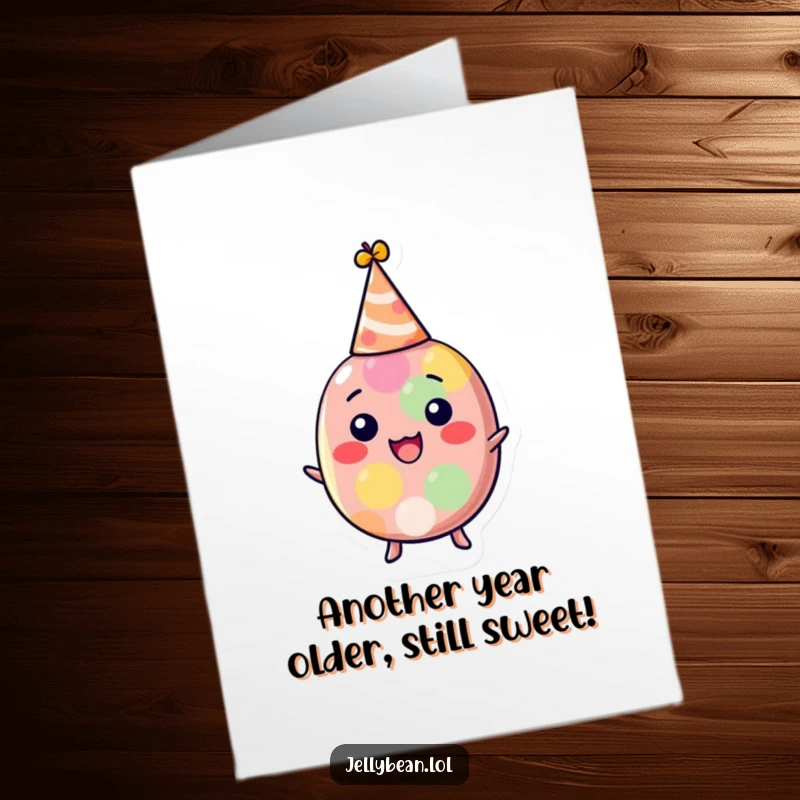 Funny free printable birthday card featuring a delighted jelly bean in a tiny party hat, ready to celebrate.