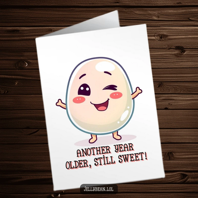 Funny Free Printable Birthday Card showing a mischievous jelly bean character winking playfully, spreading joy and humor.