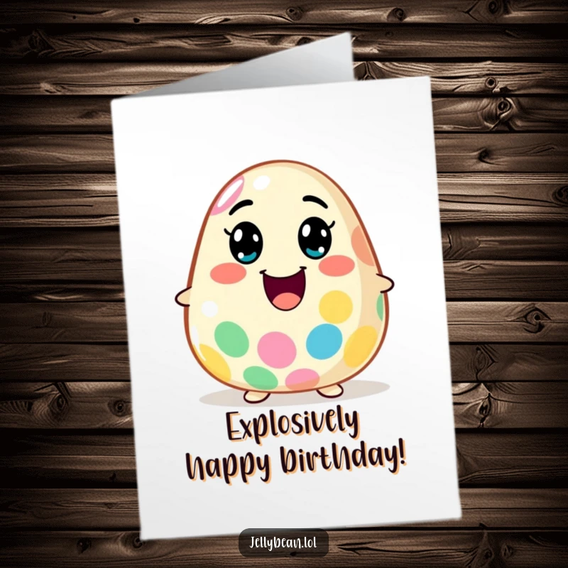 Funny Free Printable Birthday Card: A jelly bean character with a wide smile, exploding with colorful flavor