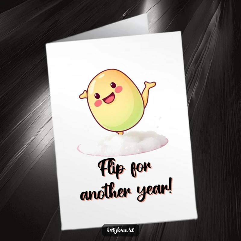 Funny free printable birthday card: Mischievous jelly bean doing a playful somersault on a sugary surface, vibrant and fun.