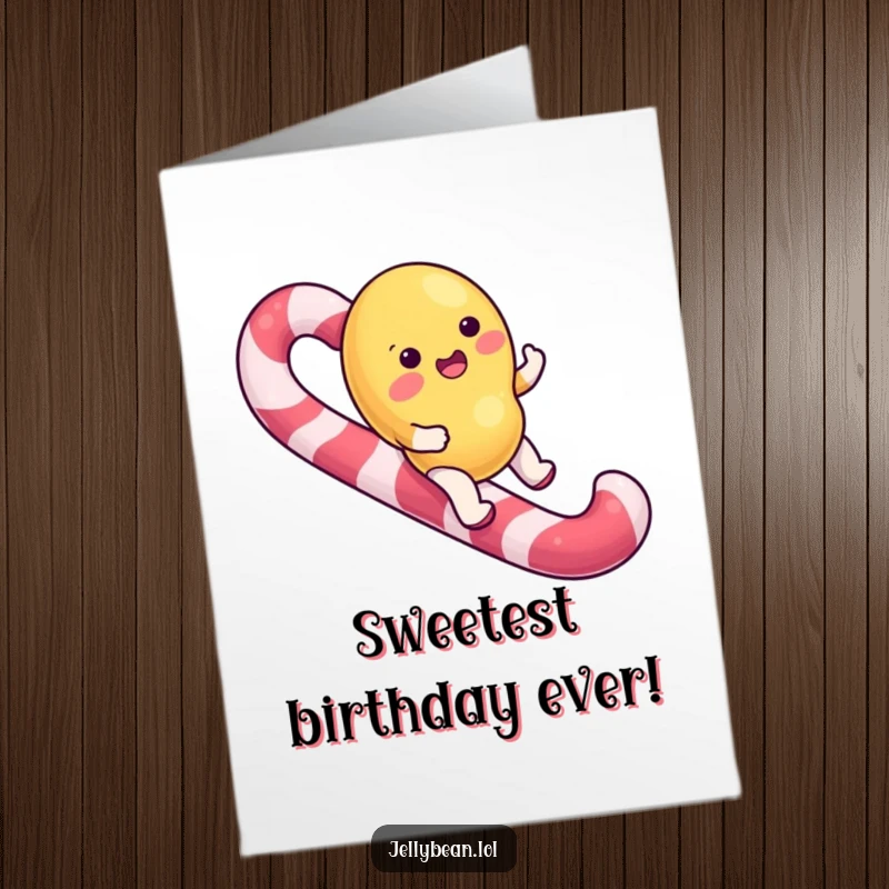 Funny Free Printable Birthday Card: Jelly bean character joyfully riding a giant candy cane, ideal DIY gift.