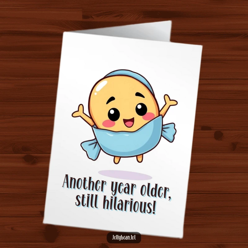 Funny Free Printable Birthday Card featuring a jelly bean character with a silly face bursting excitedly from a candy wrapper.