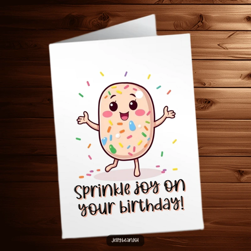 Funny Free Printable Birthday Card: A jelly bean character doing a silly dance surrounded by rainbow sprinkles