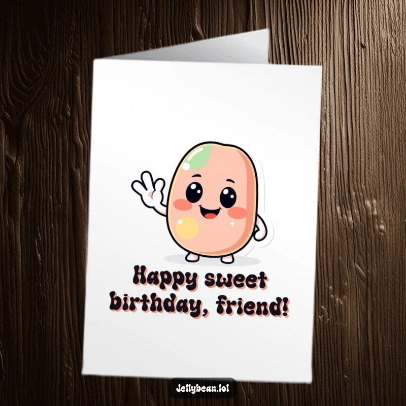 Funny free printable birthday card featuring a jolly jelly bean cheerfully waving hello, ready to celebrate.