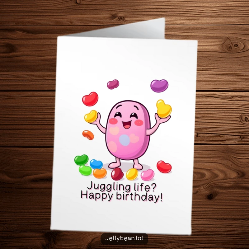 Funny Free Printable Birthday Card: A cheerful jelly bean character gleefully juggling smaller colorful jelly beans, celebrating with skill and joy.