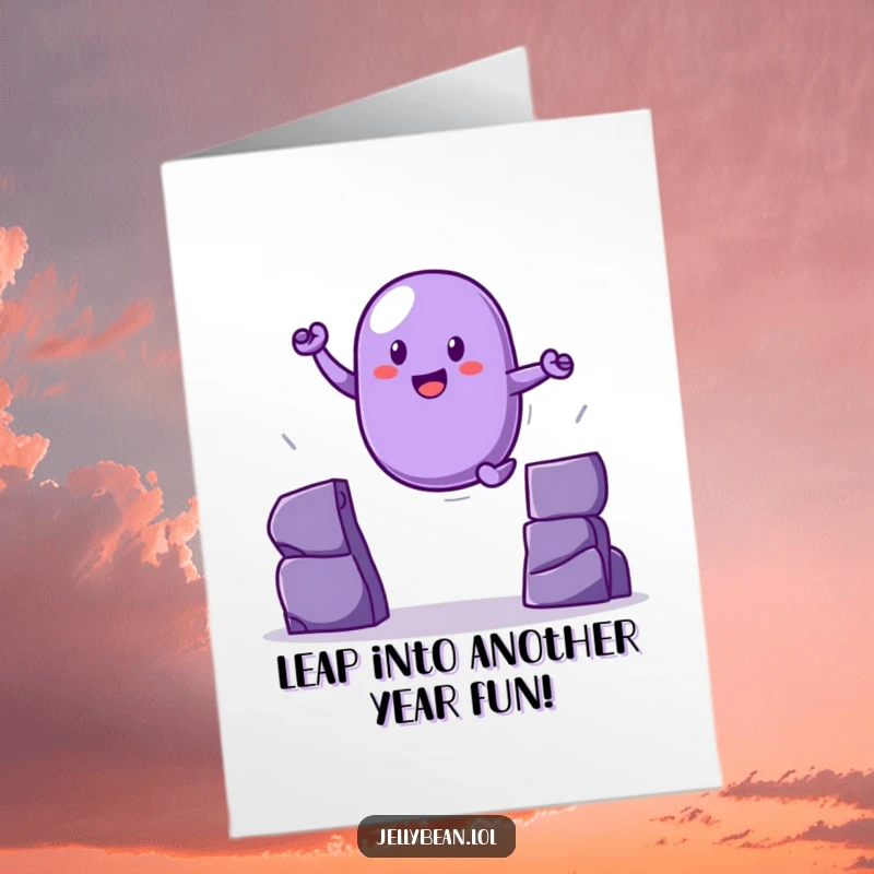 Funny Free Printable Birthday Card: A purple jelly bean heroically leaps across a gap for a birthday surprise.