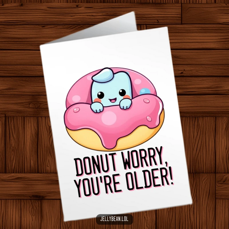 Funny Free Printable Birthday Card: Jelly bean peeking over a giant donut, grinning mischievously, ready for cake.