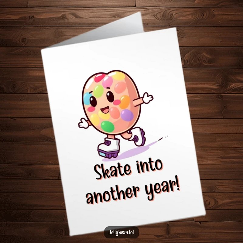 Funny Free Printable Birthday Card showing a dynamic jelly bean character wearing roller skates and zooming playfully.
