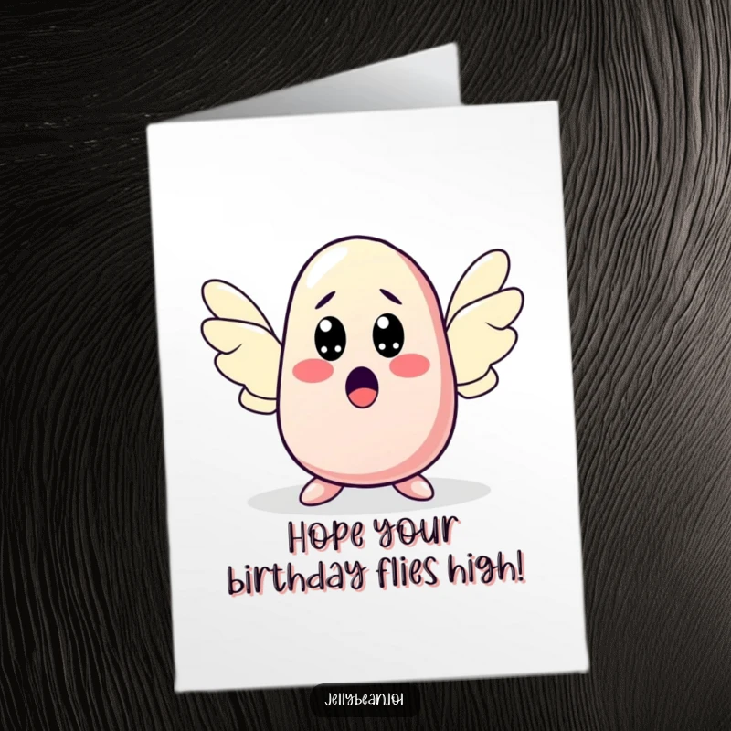 Funny Free Printable Birthday Card: Jelly bean character with wide eyes, sprouting tiny wings, a moment of delightful surprise.
