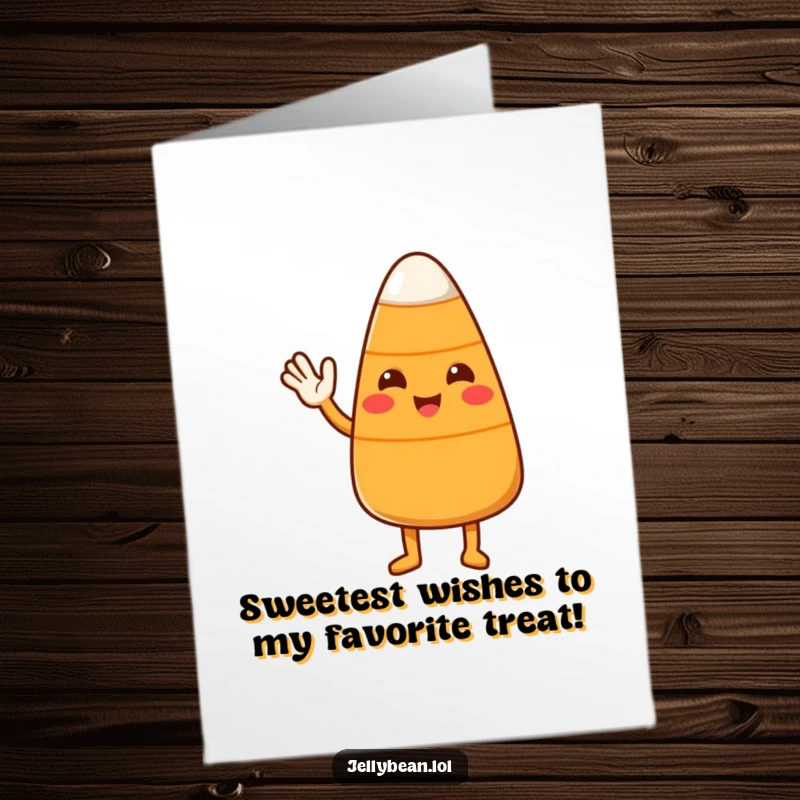 Funny Free Printable Birthday Card: A friendly candy corn character offering a warm, welcoming wave.