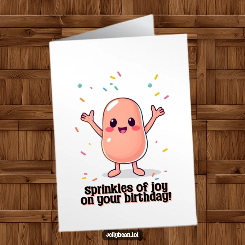 Funny Free Printable Birthday Card: Animated Jelly Bean Joyfully Catches Falling Rainbow Sprinkles for Greeting