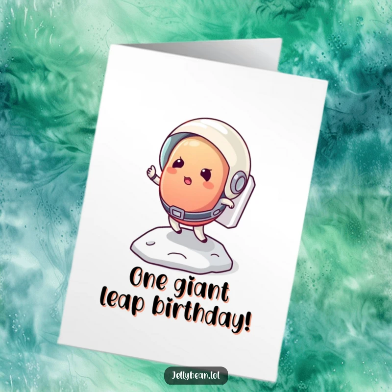 Funny free printable birthday card: Determined jelly bean astronaut bounces on the moon, space adventure theme, humorous downloadable art.