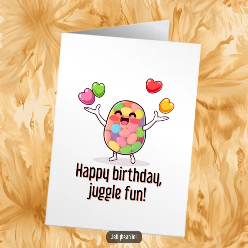Funny Free Printable Birthday Card: A jelly bean character expertly juggles three smaller, colorful jelly beans.