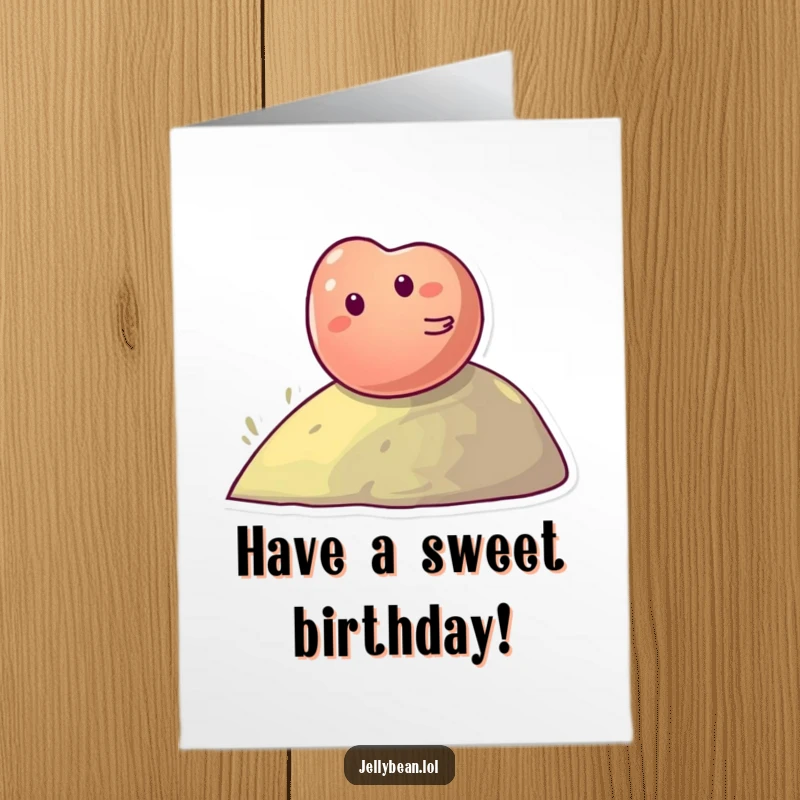 Funny Free Printable Birthday Card of a giggling jelly bean character joyfully rolling down a green hill.