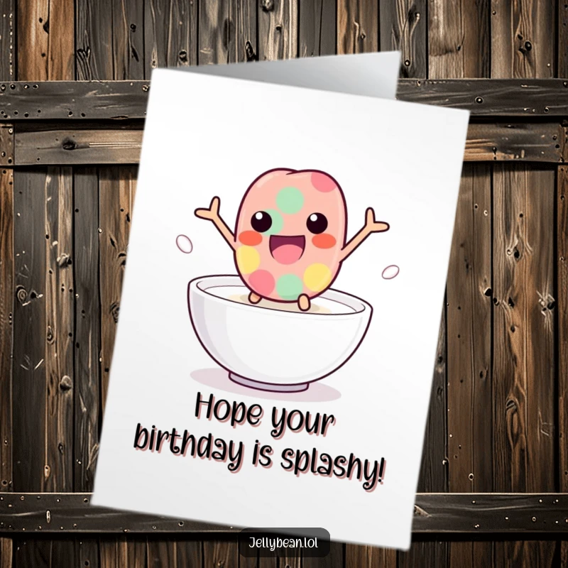 Funny free printable birthday card showcasing a playful jelly bean diving into a bowl of milk with glee.