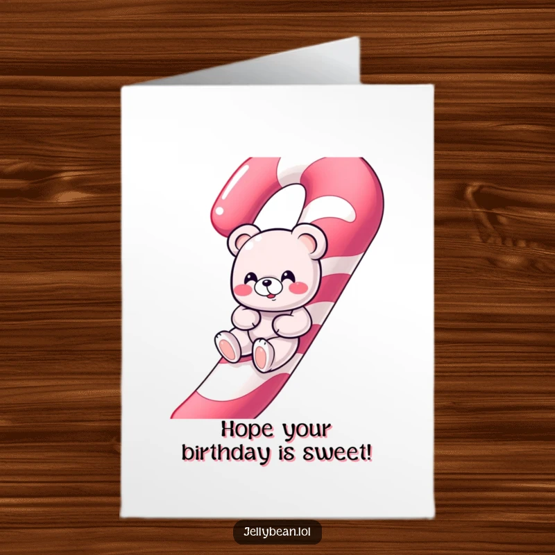 Funny Free Printable Birthday Card: A giggling gummy bear character joyfully slides down a giant, festive candy cane, celebrating a birthday.