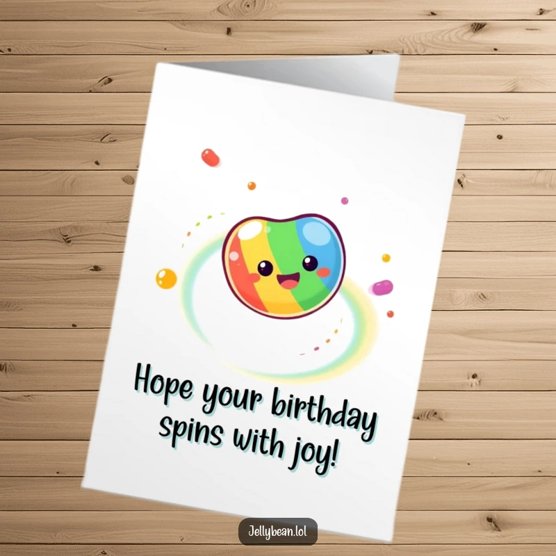 Funny Free Printable Birthday Card: A dizzy jelly bean spinning wildly, leaving a vibrant rainbow trail, festive card.