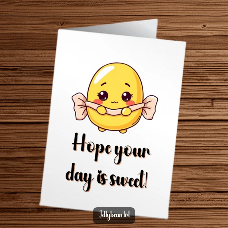 Funny Free Printable Birthday Card: A curious yellow jelly bean peeks from its wrapper, wishing you happy birthday.