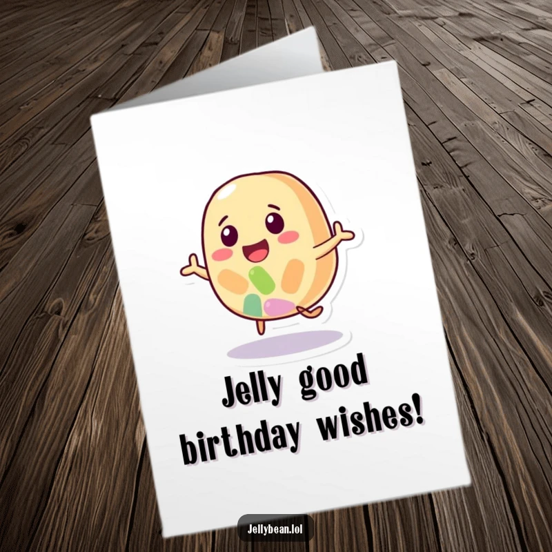 Funny Free Printable Birthday Card featuring a vibrant jelly bean character joyfully bouncing with immense energy and a wide smile.