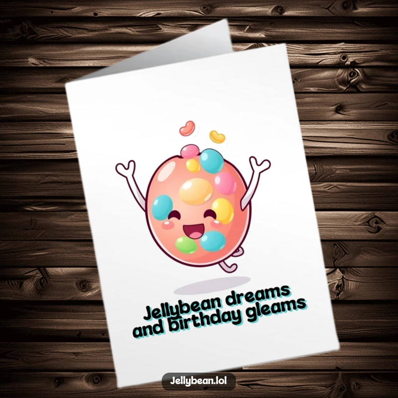 Funny Free Printable Birthday Card: Anthropomorphic jelly bean joyfully bouncing on its head, spreading cheer and laughter.