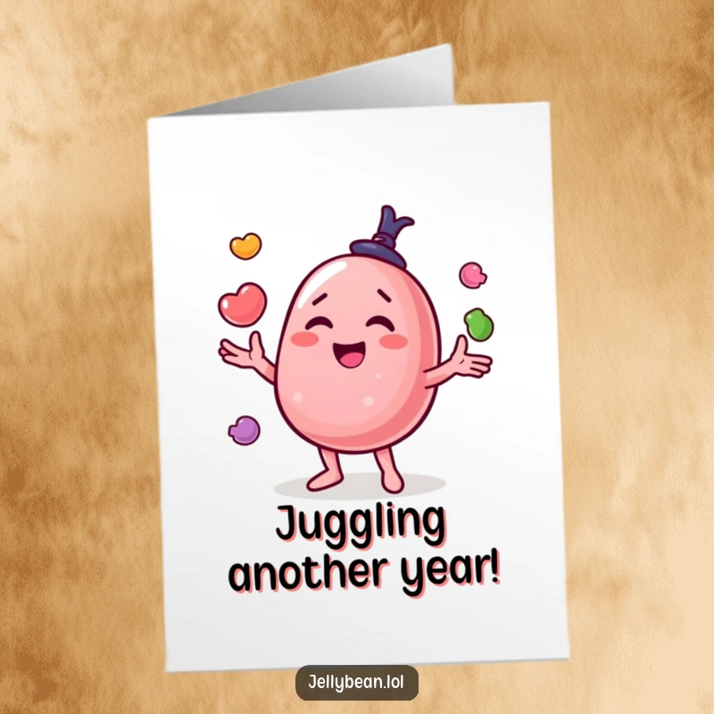 Funny Free Printable Birthday Card: Jelly bean character happily juggling candies, celebrating a birthday with sweet treats, festive DIY card.