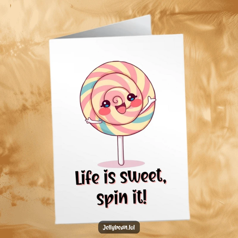 Funny Free Printable Birthday Card: A cheerful lollipop character in a joyful, spinning motion.