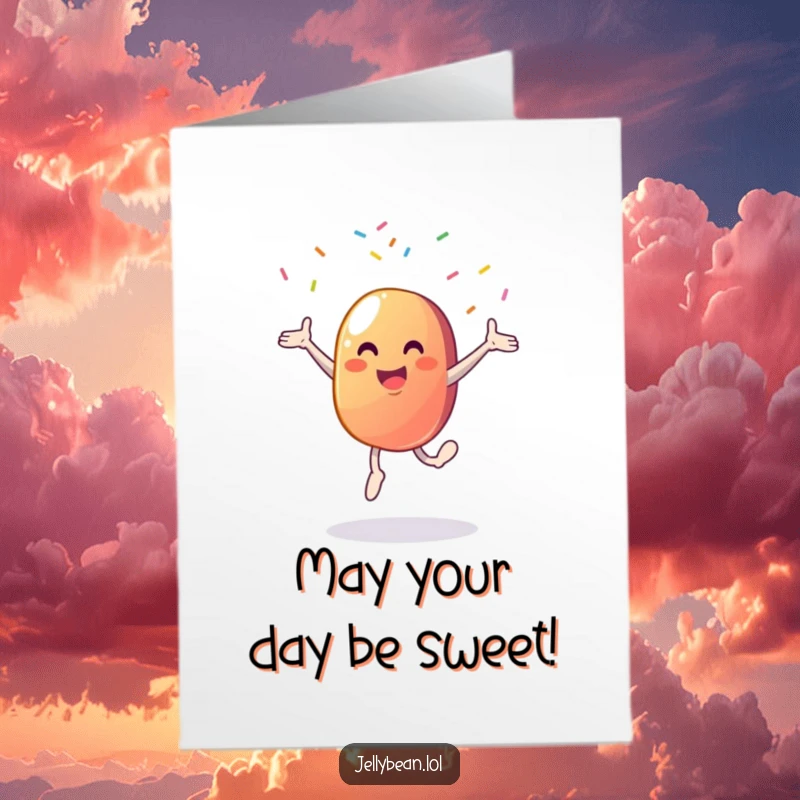 Funny free printable birthday card featuring a gleeful jelly bean doing a cartwheel with a shower of colorful sprinkles.