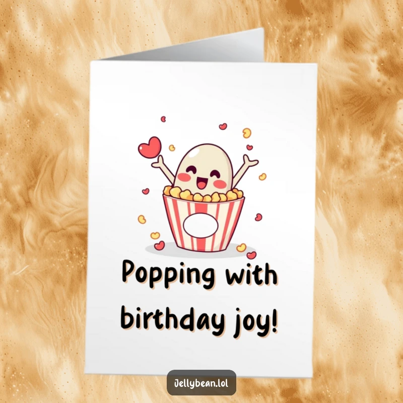 Funny Free Printable Birthday Card: Jelly bean character bursting from popcorn box with excitement, celebrating a birthday, festive DIY fun.