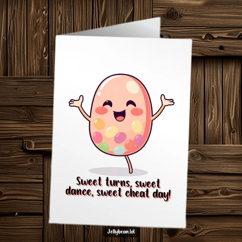 Funny Free Printable Birthday Card: A jubilant jelly bean character performing an energetic happy dance, spreading cheer.
