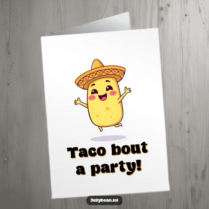 Funny Free Printable Birthday Card: A smiling taco in a sombrero energetically dancing, celebrating a birthday with zest.