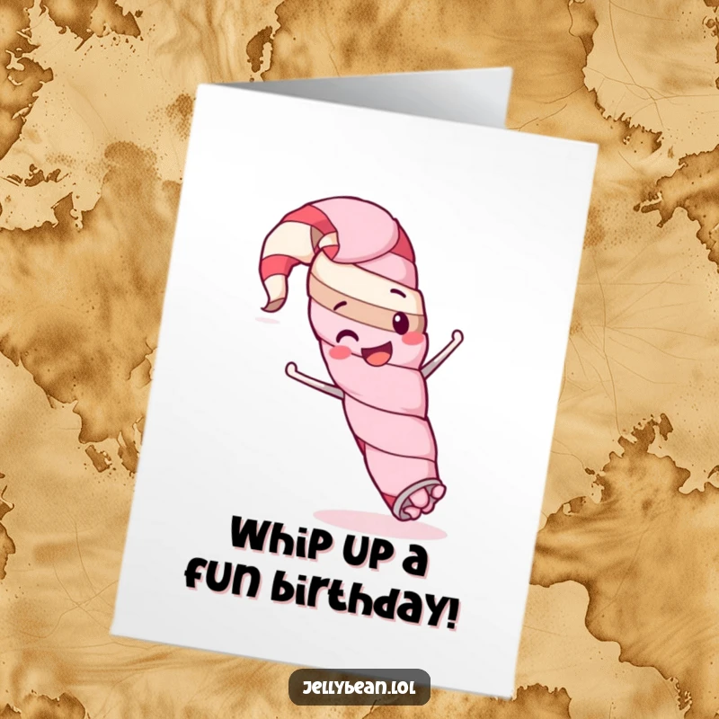 Funny Free Printable Birthday Card featuring a happy licorice whip character performing an amusingly silly stunt with flair.