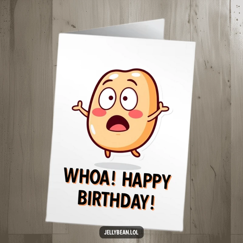 Funny Free Printable Birthday Card: Jelly bean character mid-air, eyes wide in surprise, perfect DIY gift.