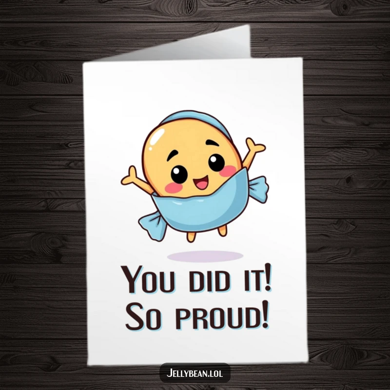 Funny Free Printable Congratulations Card showing a jelly bean character with a surprised face leaping out of an unwrapped candy.