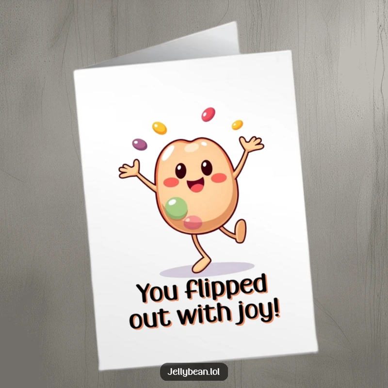 Funny Free Printable Congrats Card: Jelly bean character performing a cartwheel, segments scattering like confetti for a big win.