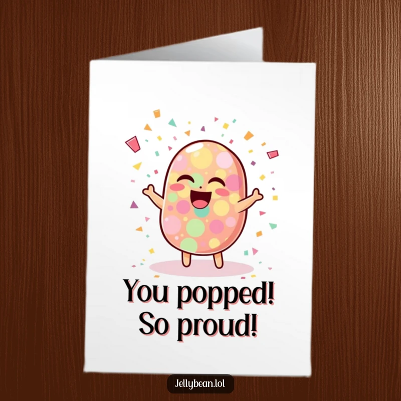 Funny Free Printable Congratulations Card: A wobbly jelly bean character joyfully bursting with colorful confetti, perfect for celebrating any achievement.