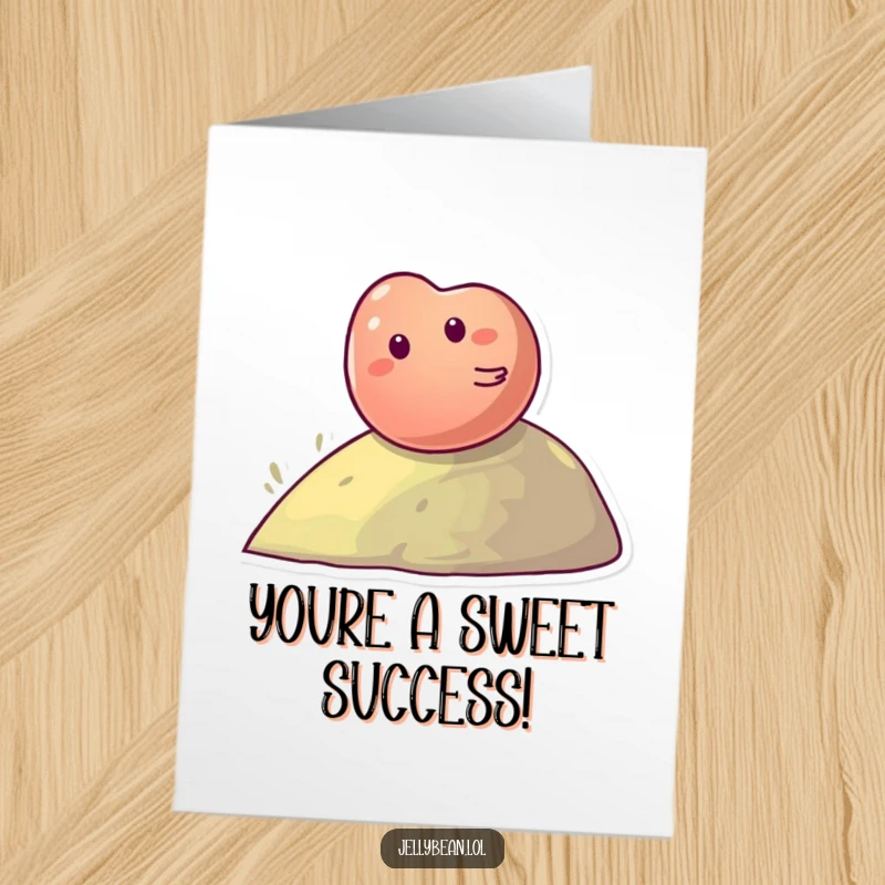 Funny Free Printable Congratulations Card featuring a giggling jelly bean character tumbling down a hill with excitement.