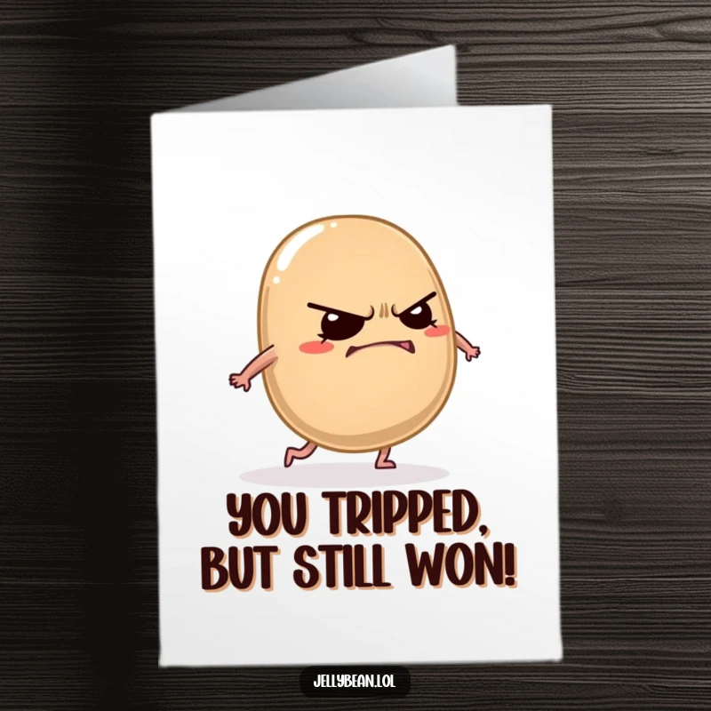Funny Free Printable Congratulations Card: Grumpy jelly bean character trips with a grin, humorous downloadable art.