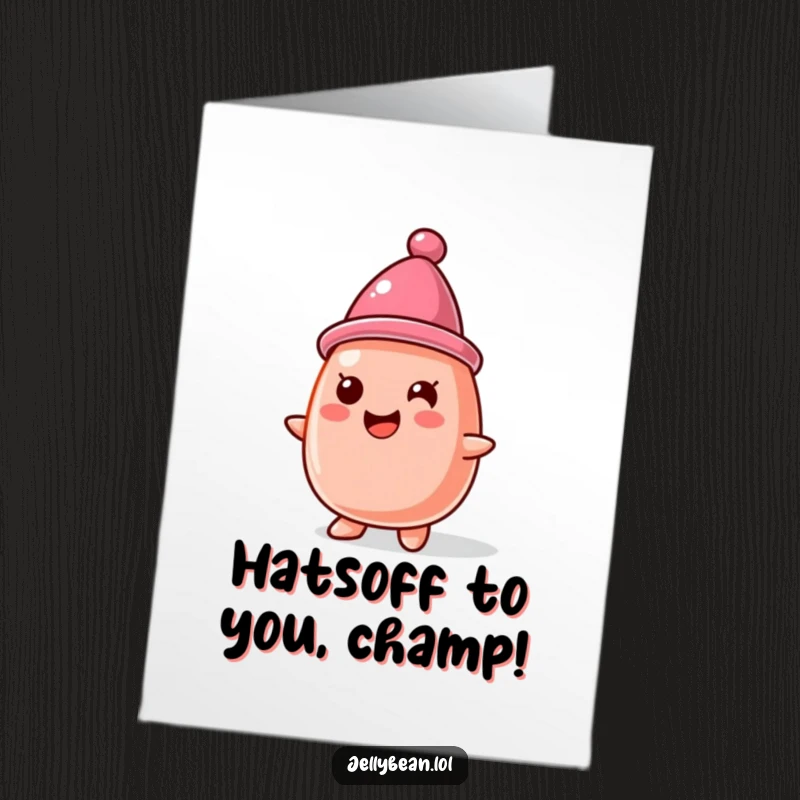 Funny Free Printable Congratulations Card: A jelly bean character sporting a tiny jelly bean hat, celebrating success