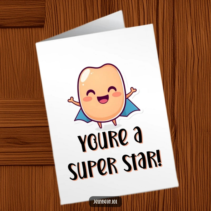 Funny Free Printable Congratulations Card: A grinning jelly bean superhero in a cape soars with good wishes.