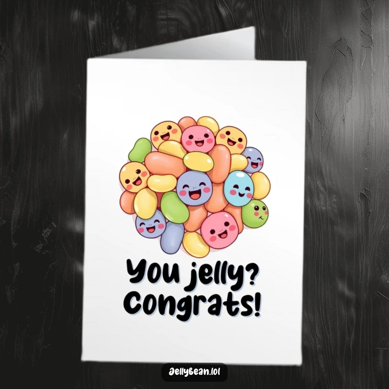 Funny Free Printable Congrats Card: Colorful jelly beans tumbling joyfully, expressing pure delight.