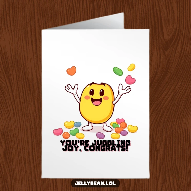 Funny Free Printable Congrats Card: Jelly bean character expertly juggling beans, representing a successful balancing act.
