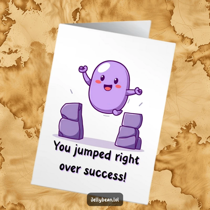 Funny Free Printable Congratulations Card: A purple jelly bean hero triumphantly leaps over a gap, celebrating success.