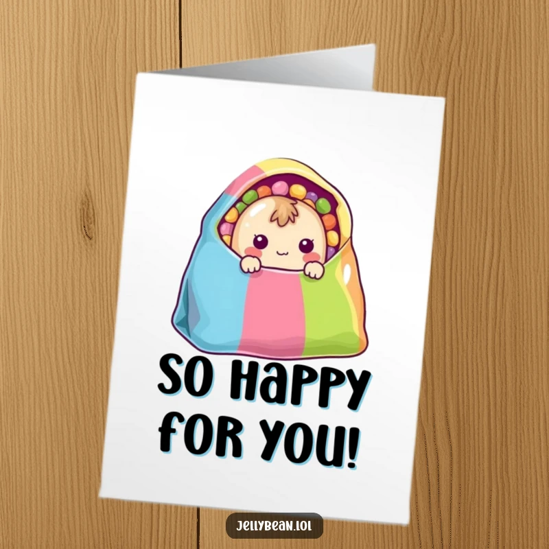 Funny Free Printable Congratulations Card: A shy jelly bean peeks from a bag, offering sweet and gentle congratulations.